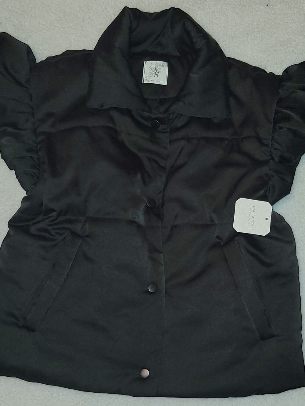 Altar'd State Black Satin Puffer Vest Ruffle Sleeve Snap Front Womens Small NWT